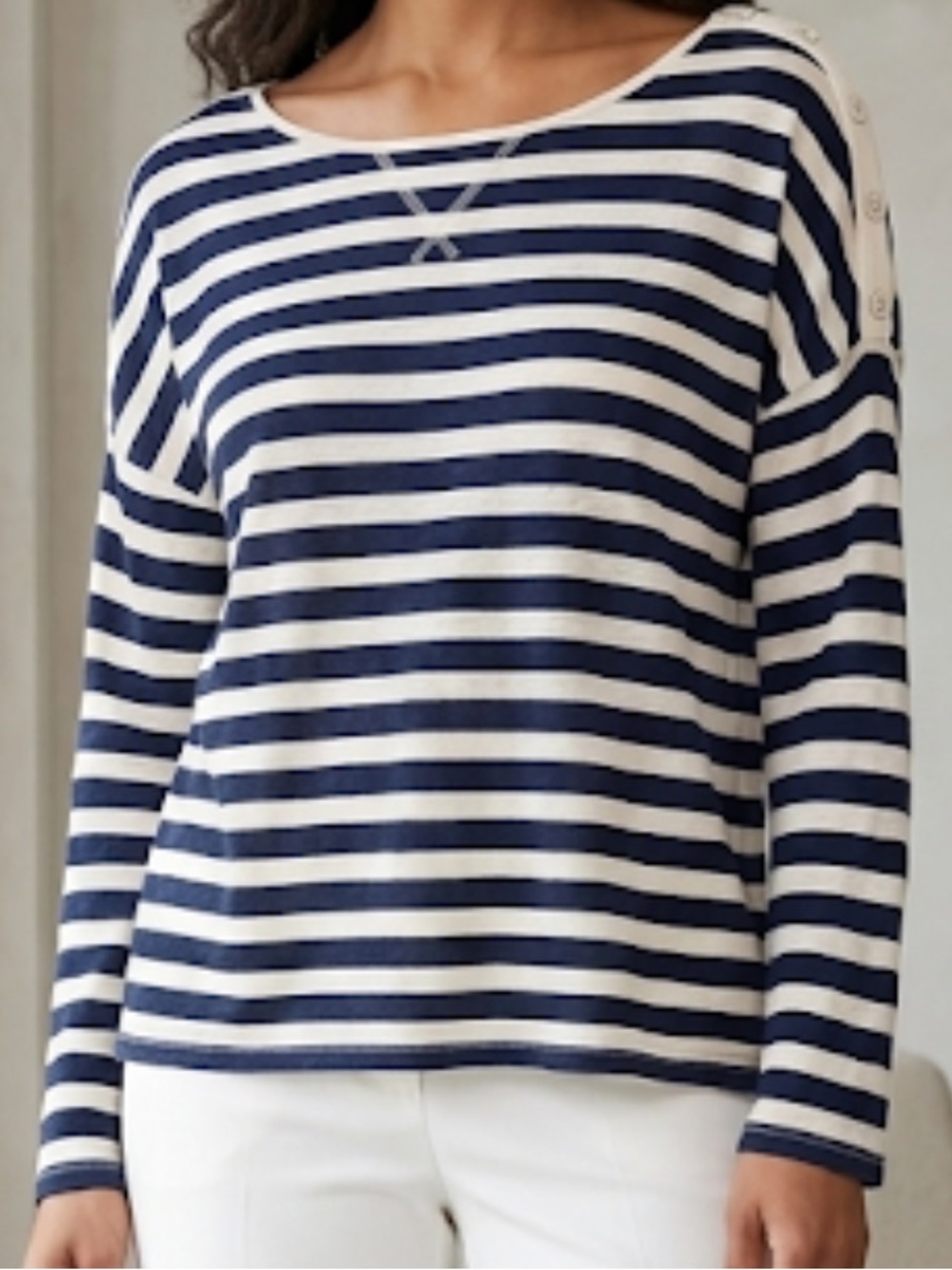 Old Navy Striped Long Sleeve Top Women's Size L Button Shoulder Nautical Casual